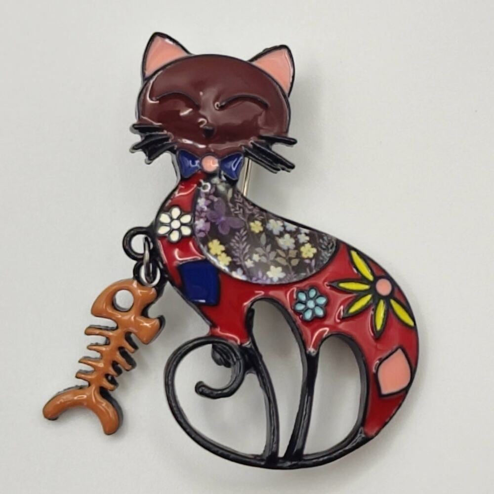 Cartoon Cat Enamel Brooch Brown W/ Fish Bones and Multi-color Flowers